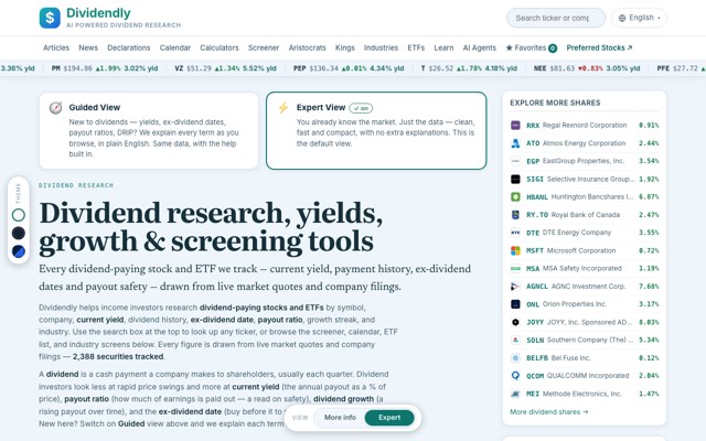 Screenshot of the Dividends site