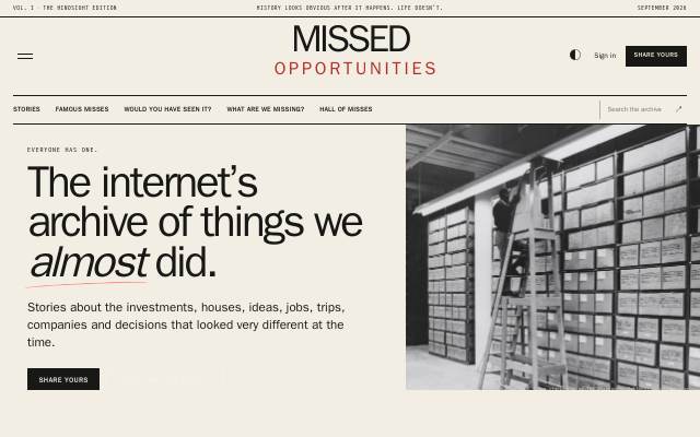 Screenshot of the Missed Opportunities site