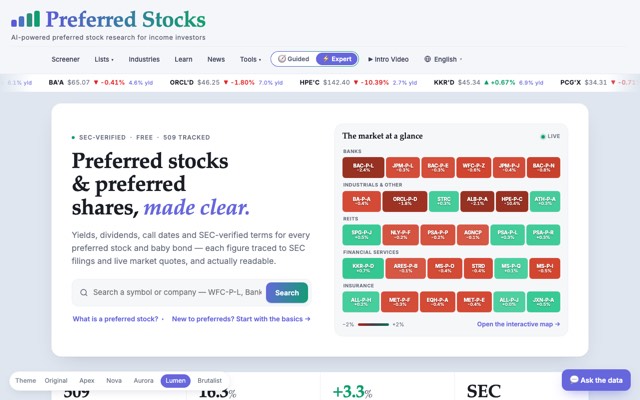 Screenshot of the Preferred Stocks site