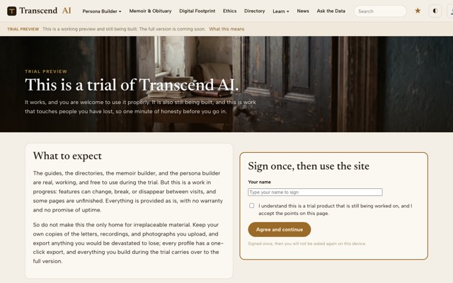 Screenshot of the Transcend AI site
